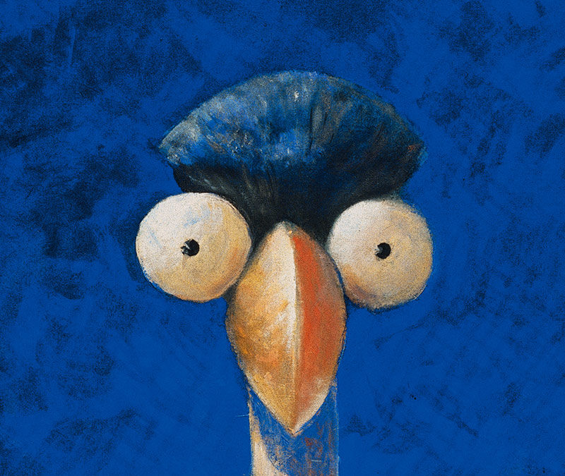 Nahaufnahme eines cartoonartigen Vogels mit großem Schnabel und überraschten Augen, gestaltet von Friedhelm Maria Leistner. Der Vogel hat eine blaue Haube und steht vor einem kräftig blauen Hintergrund. Titel: Kuckuck