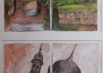 Brigitta Borchert, Schloßgraben und Schloßtürme, zusammen im Rahmen 100x 70 cm