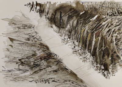 Zeichnung mit Tinte und Lavierung von Jan Eustergerling in erdigen Braun- und Grautönen. Die Darstellung zeigt eine weite, strukturierte Landschaft mit einer zentral verlaufenden Schneise oder einem Pfad, der sich diagonal von unten links nach oben rechts durch das Bild zieht. Fein gearbeitete Linien und Pinselschwünge erzeugen den Eindruck von Bodenrillen, Pflanzenresten oder geologischen Schichtungen. Die rechte Bildhälfte wirkt dichter und massiver, während die linke offener und leichter erscheint. Die Komposition vermittelt Bewegung, Tiefe und die stille Dramatik einer naturgeprägten Landschaft.