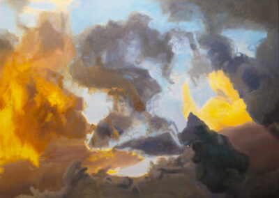 Abstrakte Malerei von Kurt Haug mit wolkenartigen Farbformen in leuchtendem Gelb, Orange, Blau und dunklem Grau. Die Bildkomposition erinnert an dramatische Himmels- oder Lichtstimmungen, wirkt aber bewusst gegenstandslos. Farbverläufe und Kontraste erzeugen den Eindruck eines fließenden, atmosphärischen Geschehens – wie ein Naturschauspiel zwischen Sonnenaufgang und Gewitterwolken. Die Formen sind weich, diffus und ineinander übergehend. Das Werk zeigt Haugs expressiv-abstrakte Seite und vermittelt eine emotionale, fast mystische Bildwirkung voller Bewegung und Energie.