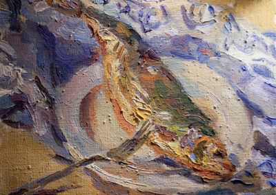 Maike Lipp, Hering und blaues Tuch, Öl auf Leinwand, ca. 35 x 40 cm