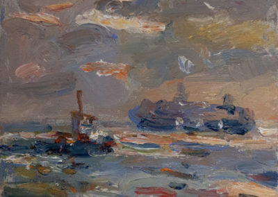 Maike Lipp, Schiffe auf der Elbe, Öl auf Leinwand, ca. 29 x 35 cm.