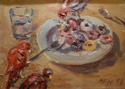 Maike Lipp, Teller mit Papagei, Öl auf Leinwand, ca. 35 x 50 cm
