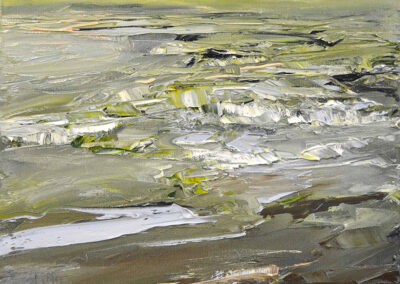 Abstrahiertes Ölgemälde von Uta Masch mit dem Titel „Morgenstimmung“: Dynamische Darstellung von Wellen oder einer Wasserfläche im Morgenlicht mit pastosen weißen und gelben Akzenten.