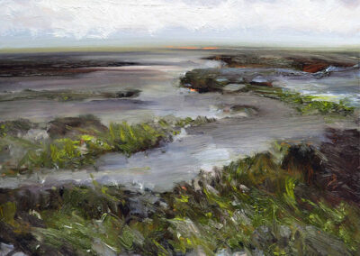 Ölgemälde „Natur Pur“ von Uta Masch: Eine weite, wasserreiche Marschlandschaft unter bewölktem Himmel, gemalt in pastoser Technik mit grünen und grauen Erdtönen.