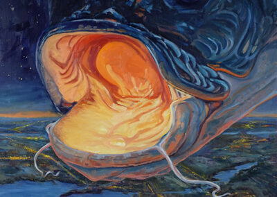 Großformatiges Ölgemälde von Katrin Göldner: Ein riesiger Fischkopf mit weit geöffnetem, leuchtendem Maul schwebt über einer nächtlichen Landschaft mit fernen Stadtlichtern.