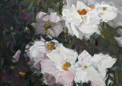 Uta Masch – „Am Wegesrand II", Ölgemälde mit weißen Wildblumen vor dunkelgrünem Blattwerk, 30x30 cm, 2026