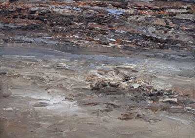 Uta Masch – „Strandabschnitt", großformatiges Ölgemälde eines Strandabschnitts mit dunklem Felssaum und nassem Sand, 50x60 cm, 2026