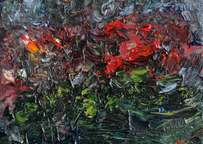 Abstraktes, sehr pastoses Ölgemälde „Wilder Garten“ von Uta Masch mit leuchtend roten Blütenakzenten auf dunklem, grün-violettem Grund.